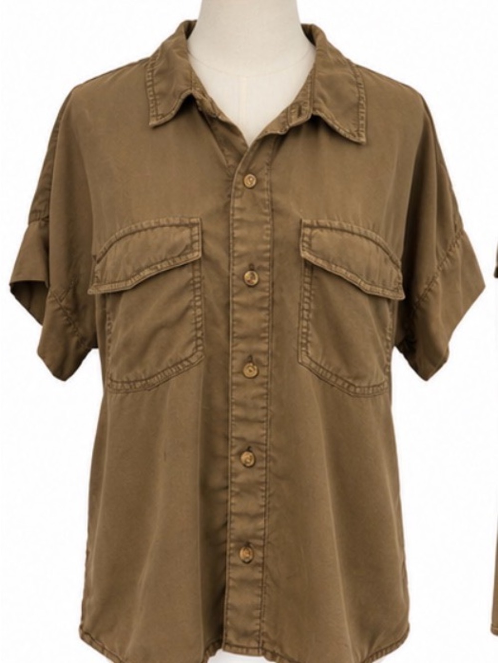Sanctuary So Cal Utility Shirt M Olive Brown Lyocell Short Sleeve Button Down